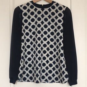 Ted Baker long sleeve blouse navy blue with cream & yellow floral size 1 (4 US)